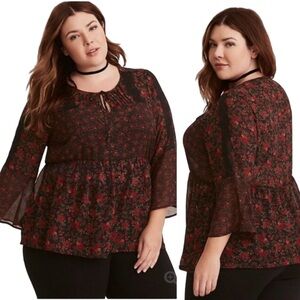 TORRID Red Rose Print Black Chiffon Lace Front Tie Bell Sleeve Blouse Top Sz 1X